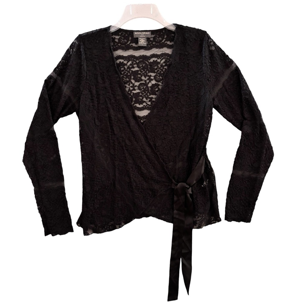 Banana Republic Lace Wrap Top Black Sheer Silk Tie Y2K Romantic Goth Size L